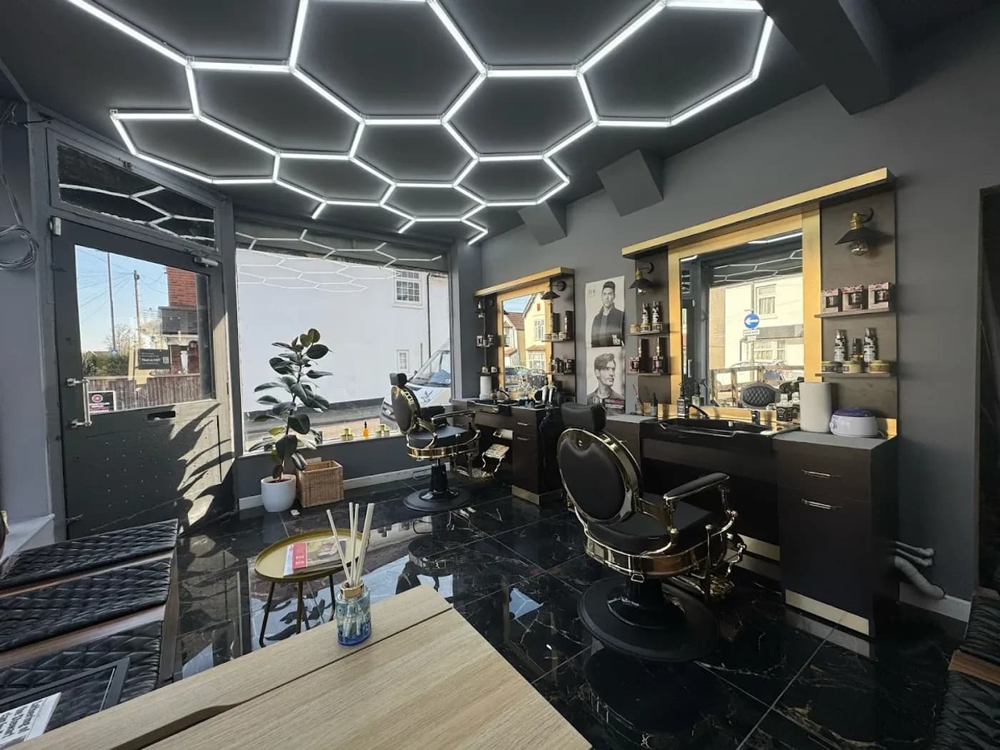 Inside Epic Barber, the hexagon-lit shop floor at 31 Walton Road, Woking